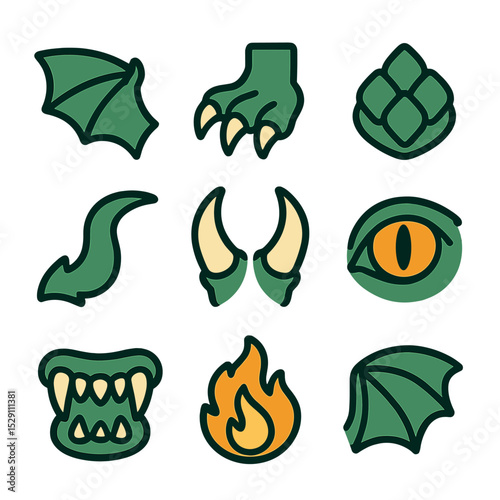 Dragon Anatomy Icons. Flat icon set of dragon anatomy: wings, claws, scales, tail, horns, eyes, teeth, fire breath, wing membrane.