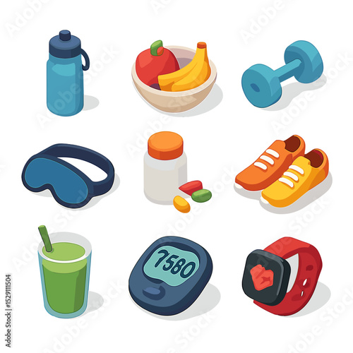 Healthy Habits Icons. Isometric Flat icon set of healthy habit building: water bottle, fruit bowl, dumbbell, sleep mask,
