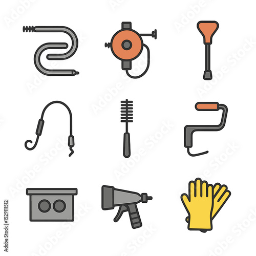 Drain Cleaning Tools. Flat icon set of drain cleaning equipment: plumber’s snake, drain auger, plunger, drain brush, basin auger,