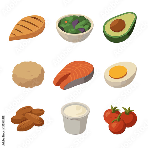 Healthy Nutrition Icons. Isometric Flat icon set of healthy nutrition for fat loss: grilled chicken breast, mixed greens bowl,