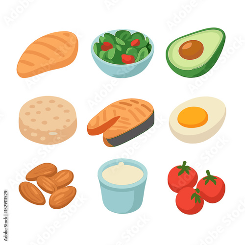 Healthy Nutrition Icons. Isometric Flat icon set of healthy nutrition for fat loss: grilled chicken breast, mixed greens bowl,