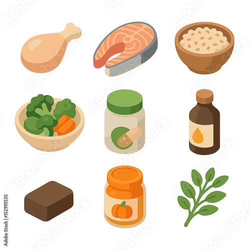 Healthy Pet Dinner Icons. Isometric Flat icon set of healthy pet dinner ingredients: fresh chicken, fish fillet, brown rice bowl,