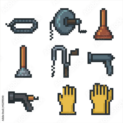 Drain Cleaning Tools. Pixel art icon set of drain cleaning equipment: plumber’s snake, drain auger, plunger, drain brush, basin