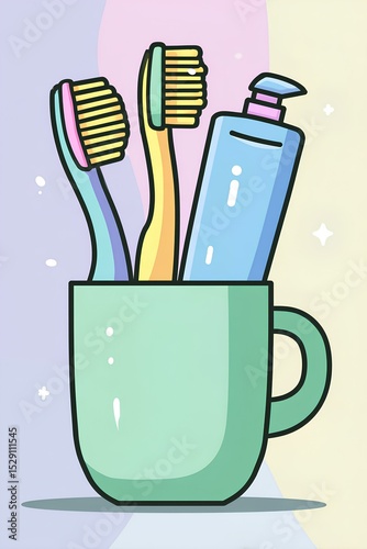 Morning routine essentials beautifully arranged - illustrated mint green and coral toothbrushes with striped toothpaste in matte ceramic holder.