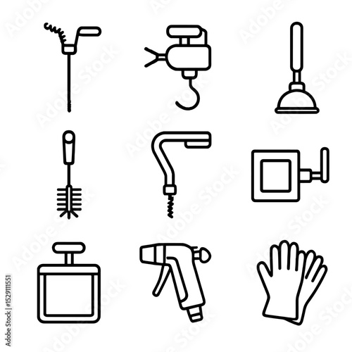 Drain Cleaning Tools. Outline icon set of drain cleaning equipment: plumber’s snake, drain auger, plunger, drain brush, basin