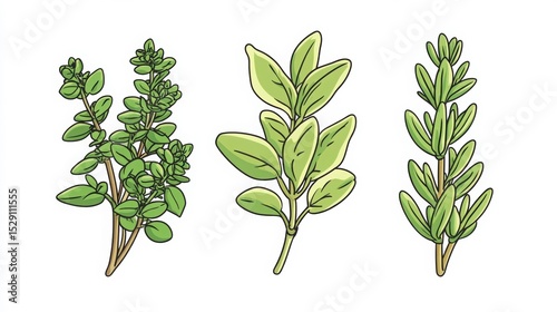 Herb combo: sage, thyme, and rosemary in cartoon vector style on white