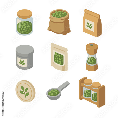 Herb Packaging Icons. Isometric Flat icon set of dried herb packaging: glass jar, burlap sack, paper pouch, metal tin, resealable
