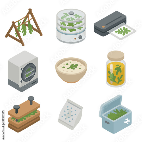 Herb Preservation Methods. Isometric Flat icon set of herb preservation methods: air-drying rack, dehydrator tray, vacuum sealer,