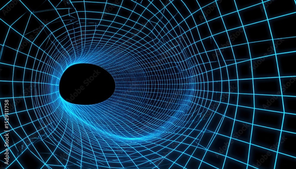 Fototapeta premium Abstract 3D Tunnel Structure With Glowing Blue Grid Lines And Central Black Void Space