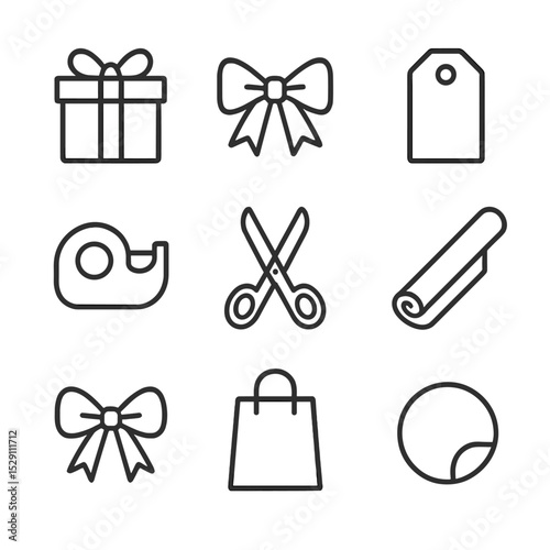 Holiday Gift Wrapping Icons. Outline icon set of holiday gift wrapping: gift box, ribbon bow, gift tag, tape dispenser, scissors,