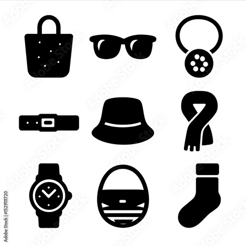 Eco Accessories Icons. Solid, Filled icon set of eco-friendly accessories: cork tote, wooden sunglasses, recycled metal necklace,