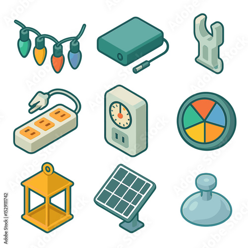 Holiday Light Icon Set. Isometric Flat icon set of holiday light display creations: LED string lights, battery pack, light clip,
