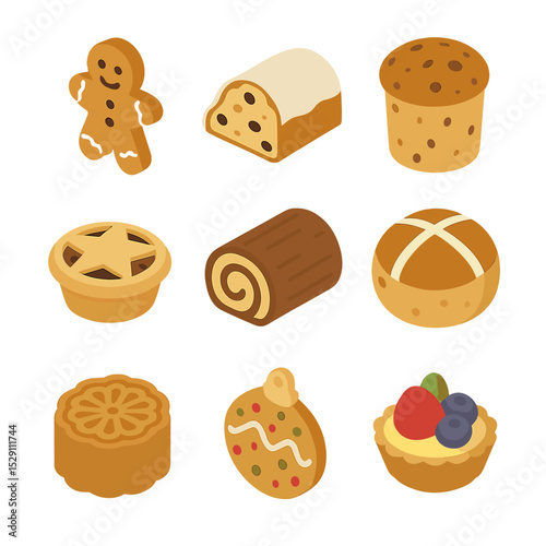 Holiday Treat Icons. Isometric Flat icon set of holiday baked treats: gingerbread cookie, stollen slice, panettone, mince pie,