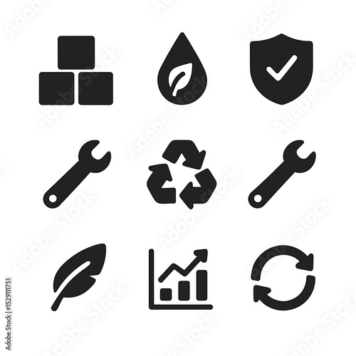 Eco Design Icons. Solid, Filled icon set of eco-design principles: modular block, material selection droplet, durability shield,