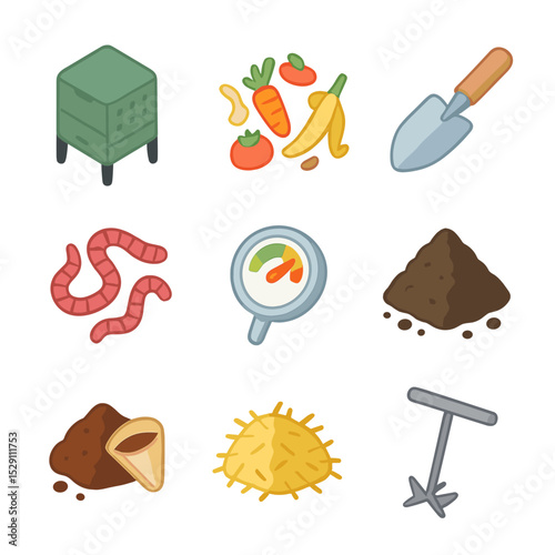 Home Composting Icons. Isometric Flat icon set of composting at home: compost bin, vegetable scraps, garden trowel, worms, compost