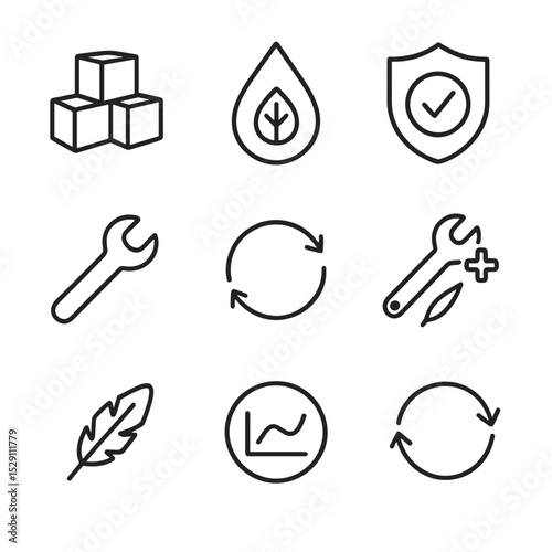 Eco Design Icons. Outline icon set of eco-design principles: modular block, material selection droplet, durability shield,