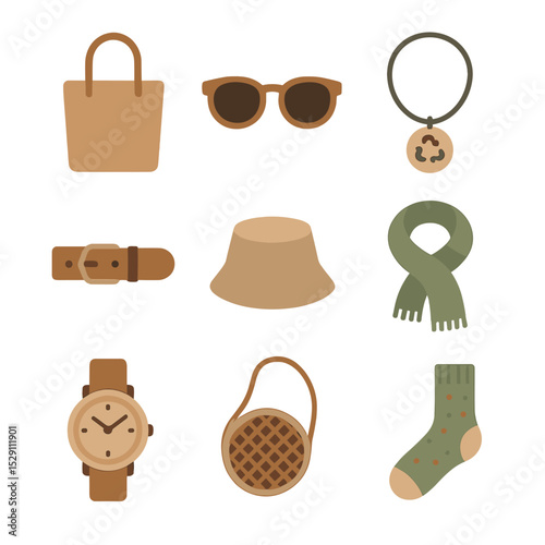 Eco-Friendly Accessory Icons. Flat icon set of eco-friendly accessories: cork tote, wooden sunglasses, recycled metal necklace,