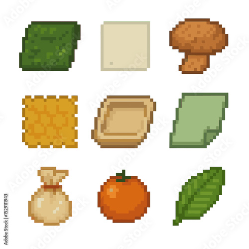 Eco-Friendly Packaging Icons. Pixel art icon set of alternative packaging materials: seaweed wrap, edible film, mushroom leather,