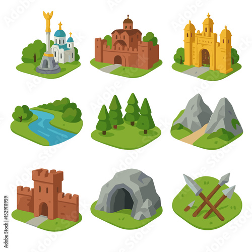 Iconic Locations Grid. Isometric Flat icon set of iconic locations: Kiev, Novgorod, palace gate, riverbank, forest glade, mountain