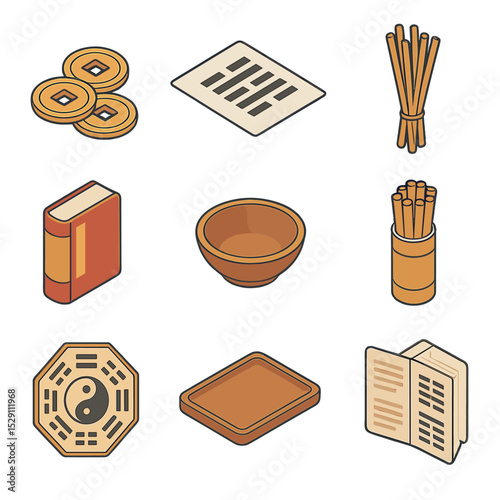 I Ching Icon Set. Isometric Flat icon set of I Ching divination items: I Ching coins, hexagram chart, yarrow sticks, I Ching book,