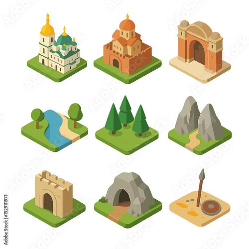 Iconic Locations Grid. Isometric Flat icon set of iconic locations: Kiev, Novgorod, palace gate, riverbank, forest glade, mountain