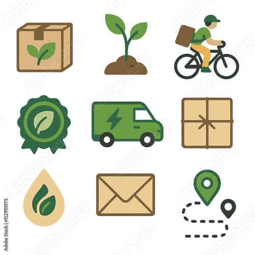 Eco-Friendly Shipping Icons. Flat icon set of carbon-neutral shipping: eco parcel, tree-planting sapling, bike courier, electric