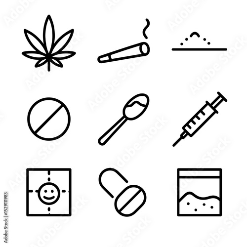 Illicit Substances Icons. Outline icon set of illicit substances: cannabis leaf, joint cigarette, powder line, ecstasy tablet,