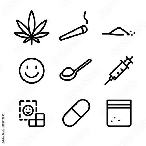 Illicit Substances Icons. Outline icon set of illicit substances: cannabis leaf, joint cigarette, powder line, ecstasy tablet,