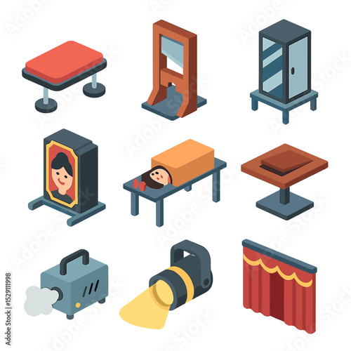 Isometric Illusion Icons. Isometric Flat icon set of stage illusions: levitation platform, guillotine blade, mirrored cabinet,