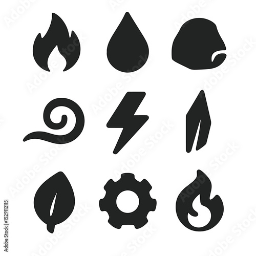 Elemental Magic Icons. Solid, Filled icon set of elemental magic: fire flame, water droplet, earth rock, air swirl, lightning bolt