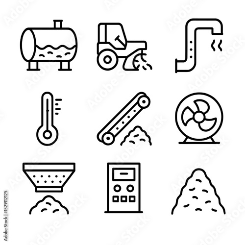 Industrial Compost Icons. Outline icon set of industrial compost facilities: in-vessel composter, turner machine, aeration pipe,