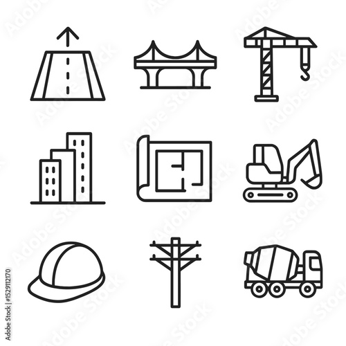 Infrastructure Icon Set. Outline icon set of infrastructure expansion: road extension, bridge construction, tower crane, building