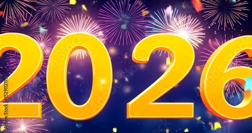 Colorful festival of lights with fireworks and confetti surrounding a giant '2026' text