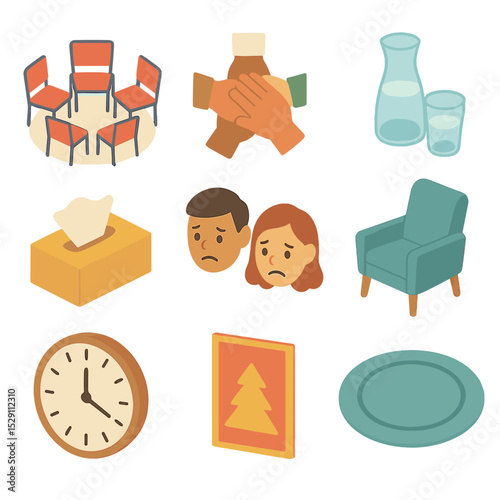 Intervention Icon Set. Isometric Flat icon set of intervention group meeting: group circle, supportive hands, water carafe, tissue