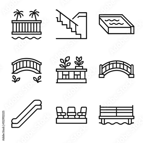 Environmental Icon Grid. Outline icon set of environmental contexts: seaside balcony, indoor staircase, infinity pool edge, garden