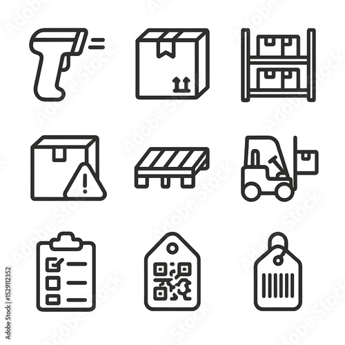 Inventory Management Icons. Outline icon set of inventory management: barcode scanner, storage box, warehouse rack, inventory
