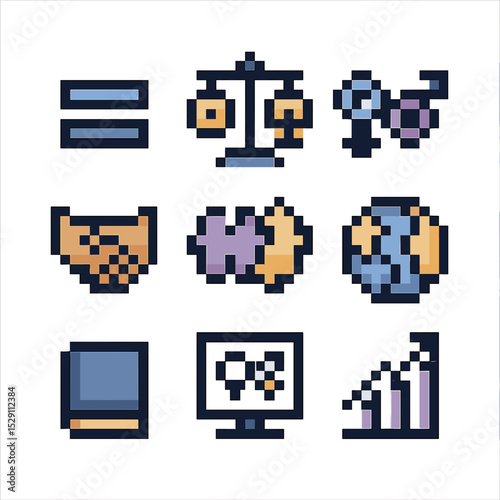 Equality Icon Grid. Pixel art icon set of gender equality: equal sign, balance scale, male-female symbols, handshake, puzzle