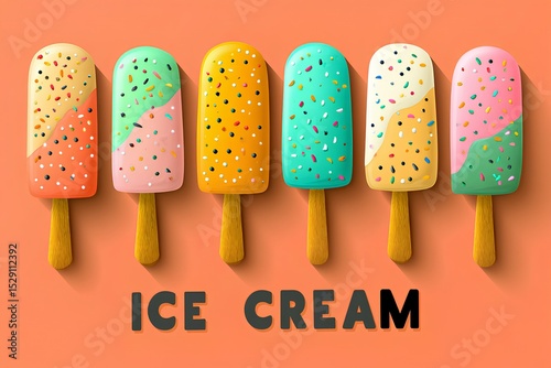 Colorful ice cream popsicles arranged in a row on a vibrant background, showcasing various flavors and toppings, perfect for summer treats and dessert inspiration