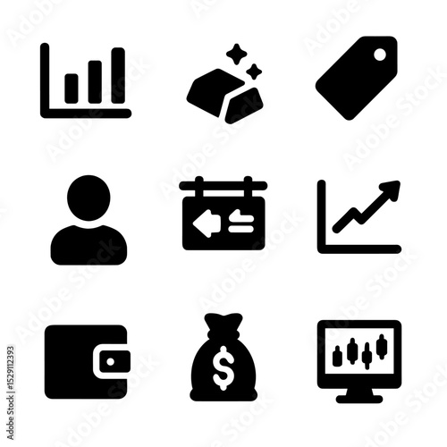 Investment Icon Grid. Solid, Filled icon set of investment and market: stock chart, gold bar, price tag, investor silhouette,