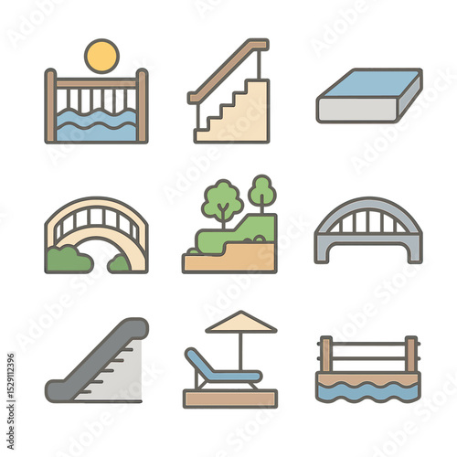 Environmental Icons Grid. Flat icon set of environmental contexts: seaside balcony, indoor staircase, infinity pool edge, garden