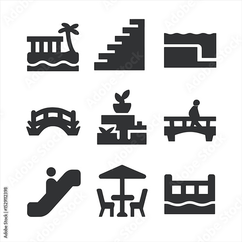 Environmental Icon Grid. Solid, Filled icon set of environmental contexts: seaside balcony, indoor staircase, infinity pool edge,