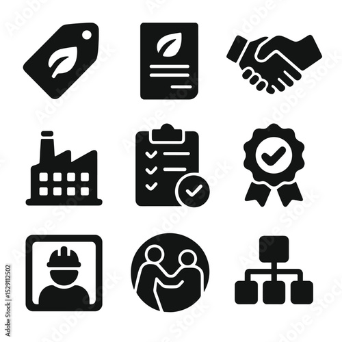 Ethical Production Icons. Solid, Filled icon set of ethical production: fair trade label, living wage slip, worker handshake,