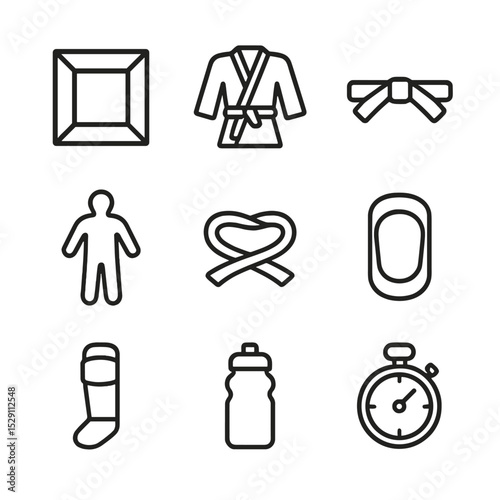 Judo Training Icons Set. Outline icon set of judo mat training equipment: tatami mat, judogi uniform, obi belt, training dummy,