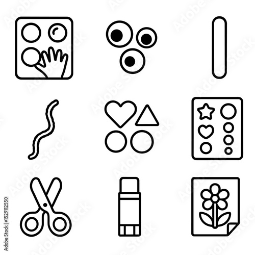 Kids Craft Icons. Outline icon set of kids crafts: finger paint, googly eyes, popsicle stick, pipe cleaner, foam shapes, sticker