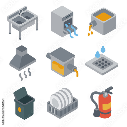 Kitchen Grease Trap Icons. Isometric Flat icon set of kitchen grease trap context: commercial sink, dishwasher drain, fryer outlet