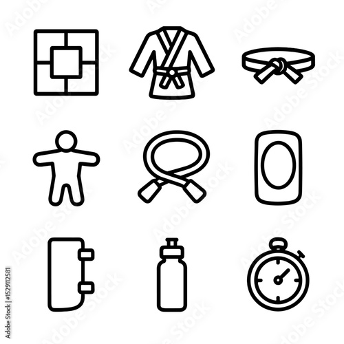 Judo Training Icons Set. Outline icon set of judo mat training equipment: tatami mat, judogi uniform, obi belt, training dummy,