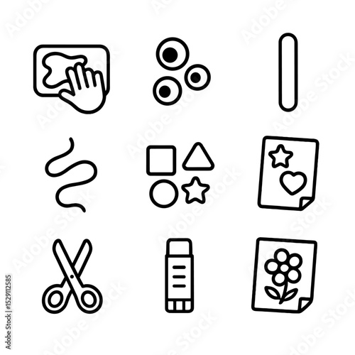 Kids Craft Icons. Outline icon set of kids crafts: finger paint, googly eyes, popsicle stick, pipe cleaner, foam shapes, sticker