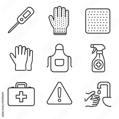 Kitchen Safety Icons. Outline icon set of kitchen safety and tuna handling: food thermometer, cut-resistant glove, non-slip mat,