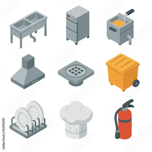 Kitchen Grease Trap Icons. Isometric Flat icon set of kitchen grease trap context: commercial sink, dishwasher drain, fryer outlet