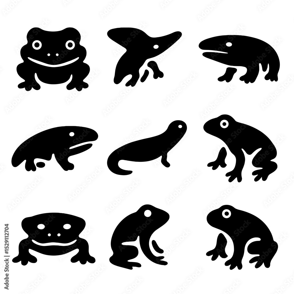 Naklejka premium Extinct Amphibians Icons. Solid, Filled icon set of extinct amphibians and early tetrapods: beelzebufo, diplocaulus, koolasuchus,